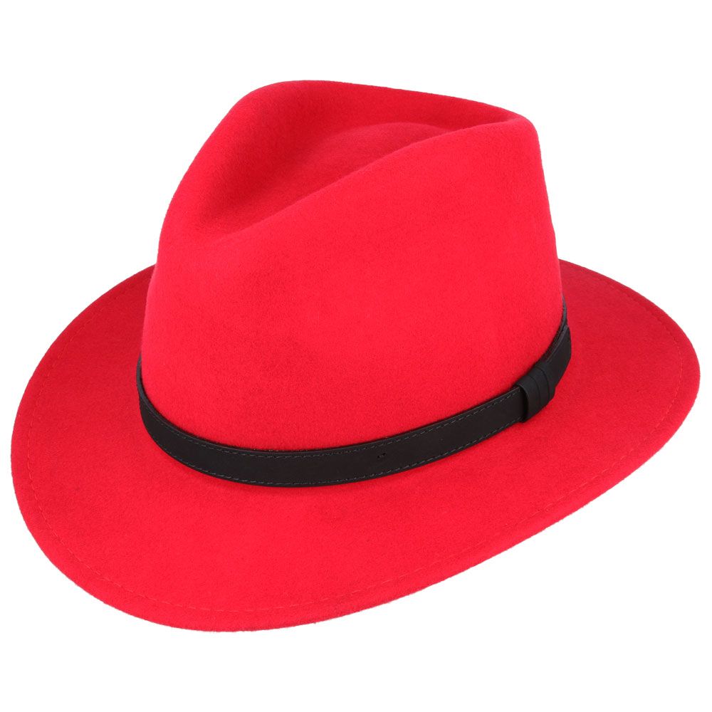 Crushable Wool Fedora Hat with Leather Strap | Red, Waterproof, Foldable, Next-Day UK Delivery