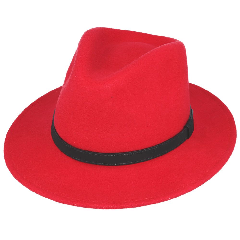 Crushable Wool Fedora Hat with Leather Strap | Red, Waterproof, Foldable, Next-Day UK Delivery