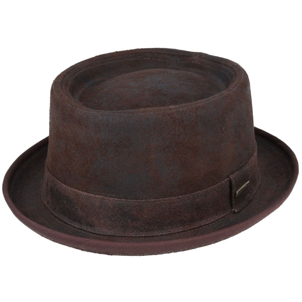 Sheepskin Leather Pork Pie Hat - Brown | Classic Elegance |