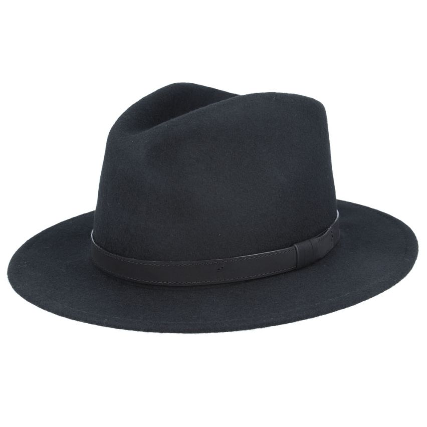 Crushable Wool Fedora Hat with Leather Strap | Waterproof, Foldable, Next-Day UK Delivery - Black