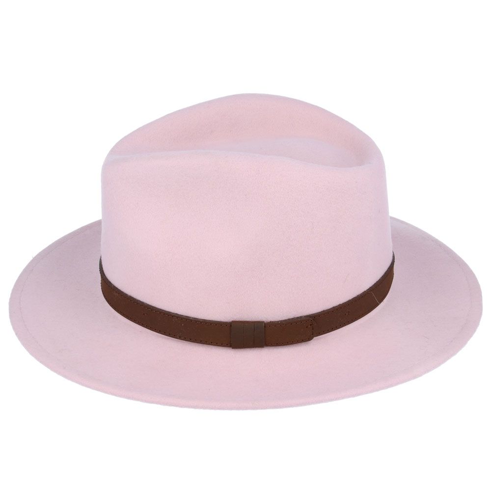 Crushable Wool Fedora Hat with Leather Strap | Baby Pink, Waterproof, Foldable, Next-Day UK Delivery