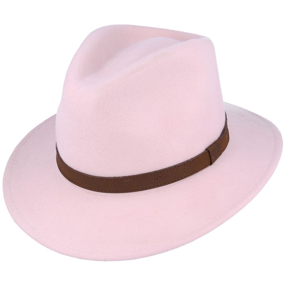 Crushable Wool Fedora Hat with Leather Strap | Baby Pink, Waterproof, Foldable, Next-Day UK Delivery