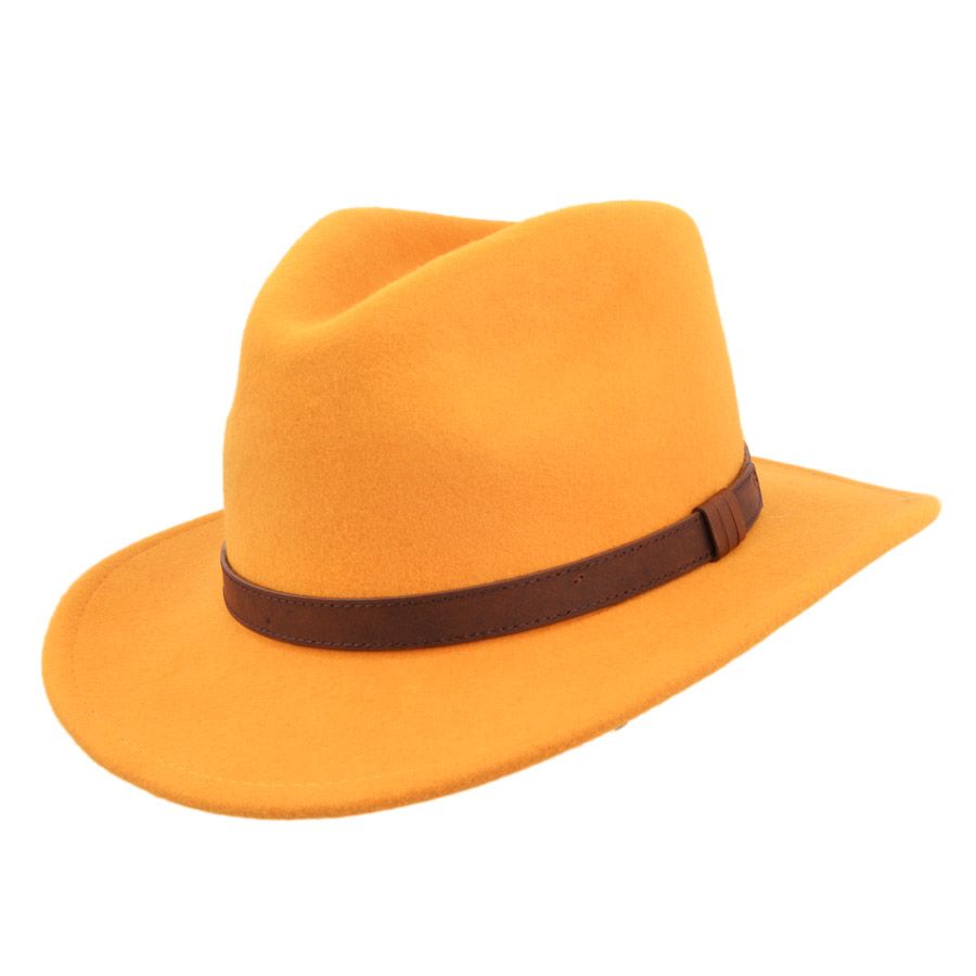 Crushable Wool Fedora Hat with Leather Strap | Mustard, Waterproof, Foldable, Next-Day UK Delivery