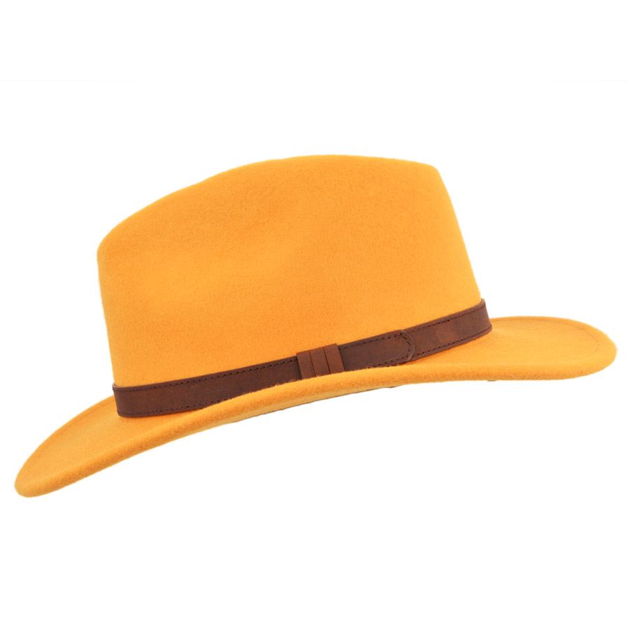 Crushable Wool Fedora Hat with Leather Strap | Mustard, Waterproof, Foldable, Next-Day UK Delivery