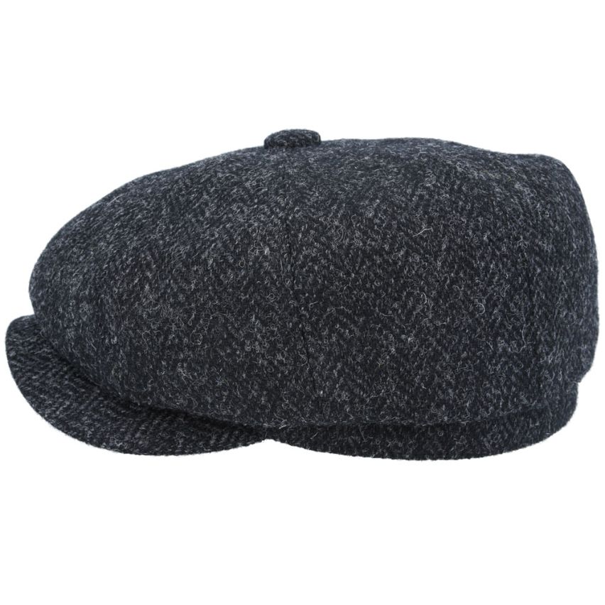 Harris Tweed Wool Herringbone Newsboy Cap – Classic Flat Cap Design – Black