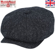 Harris Tweed Wool Herringbone Newsboy Cap – Classic Flat Cap Design – Black