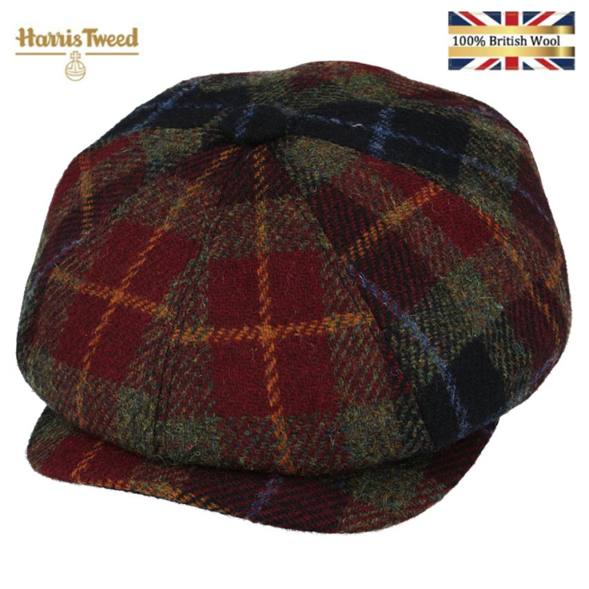 Harris Tweed Wool Herringbone Newsboy Cap - Burgundy