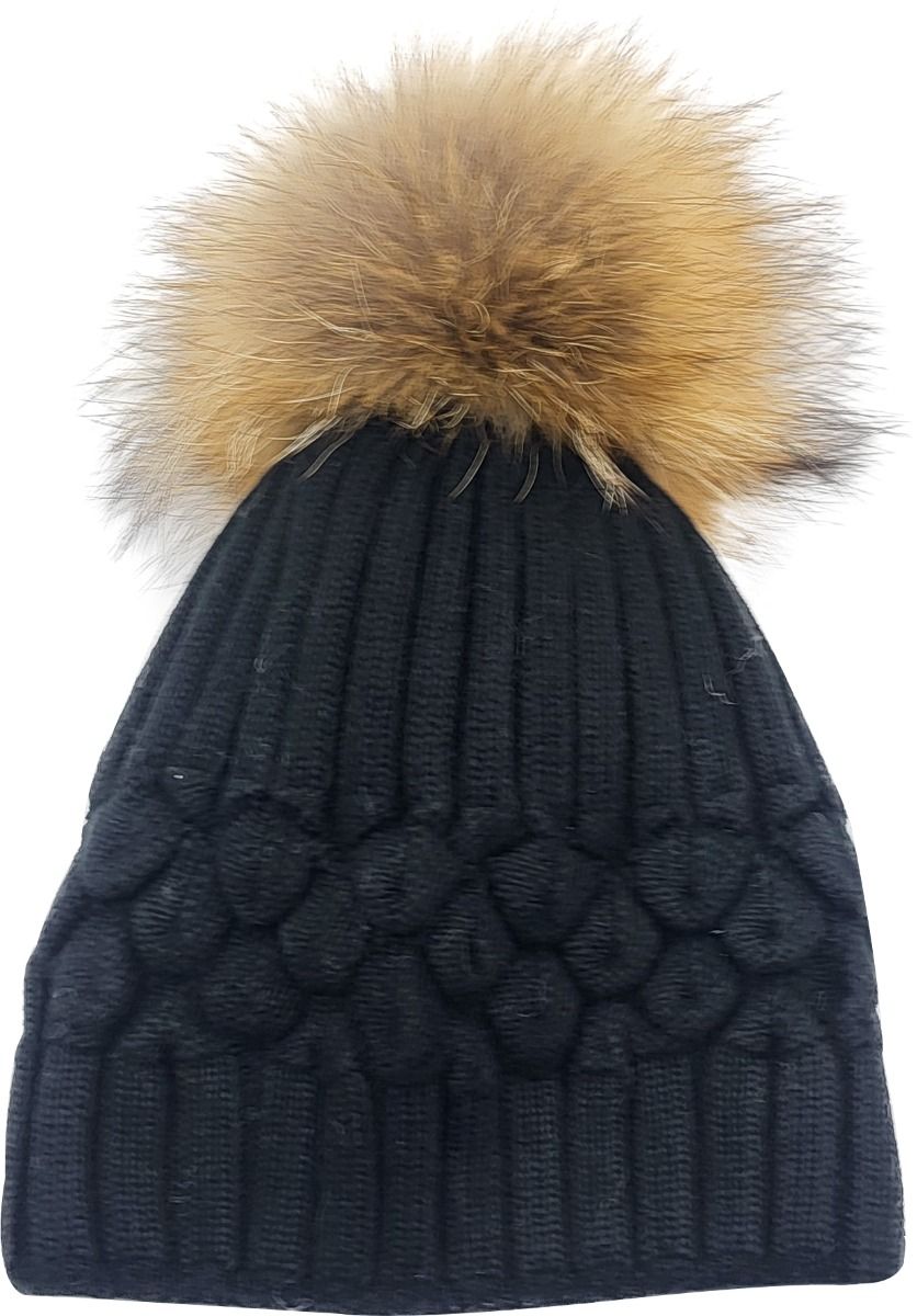 Cashmere Blend Beanie with Detachable Rabbit Fur Pompon