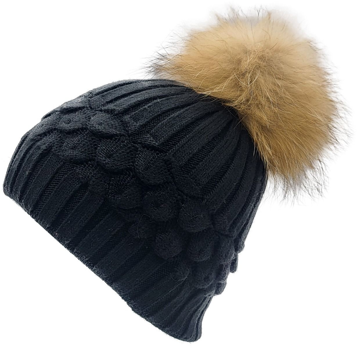 Cashmere Blend Beanie with Detachable Rabbit Fur Pompon