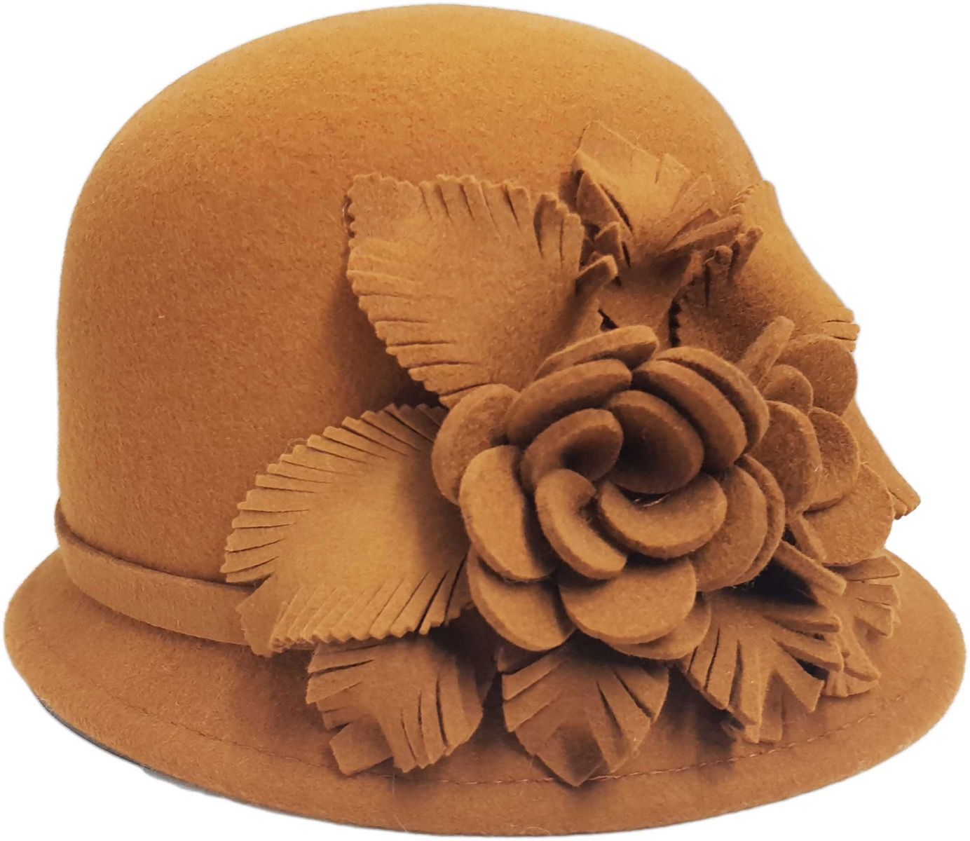 Vintage Wool Felt Cloche Hat – Elegant Handmade Flower Design, Crushable & Water-Resistant